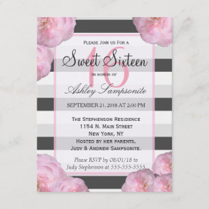 Invitación Flores rosas y franjas negras, grises y blancas