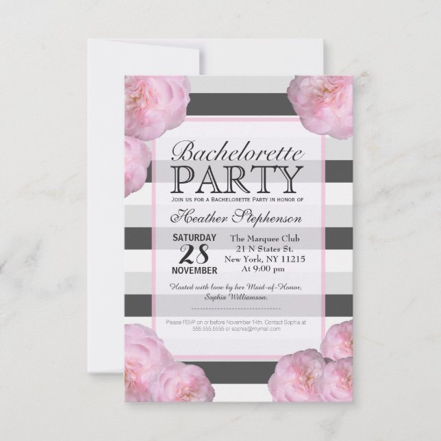 Invitación Flores rosas y franjas negras, grises y blancas (Anverso)