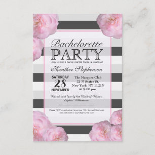 Invitación Flores rosas y franjas negras, grises y blancas
