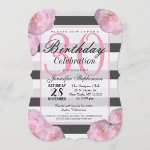 Invitación Flores rosas y franjas negras, grises y blancas