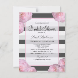 Invitación Flores rosas y franjas negras, grises y blancas