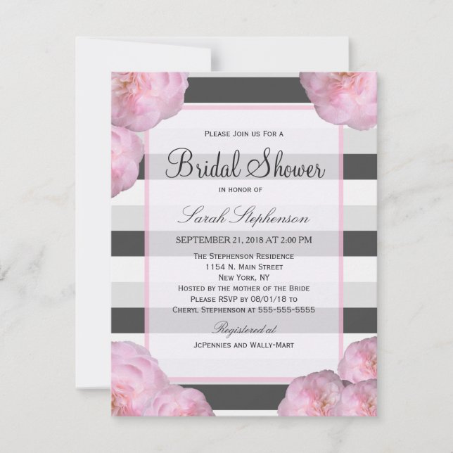 Invitación Flores rosas y franjas negras, grises y blancas (Anverso)