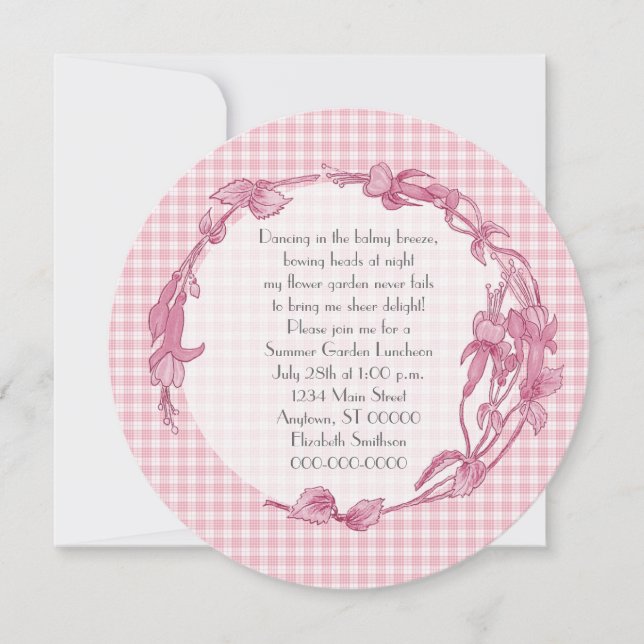 Invitación Flores rosas y Gingham Luncheon (Anverso)