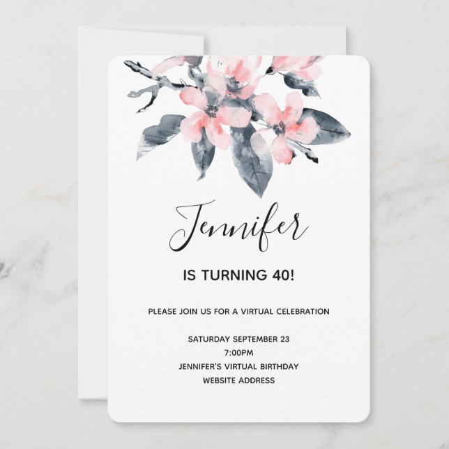 Invitación Flores rosas y grises acuarela Cumpleaños virtual (Anverso)