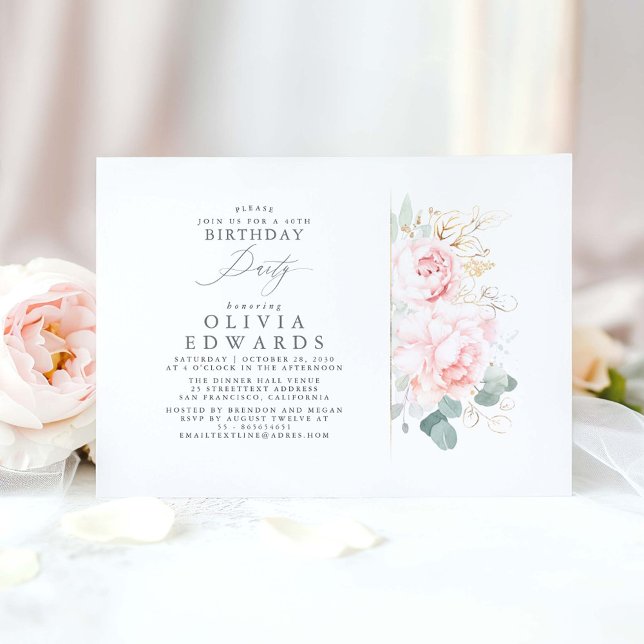 Invitación Flores rosas y hojas de oro elegante cumpleaños (Pink floral birthday invite)