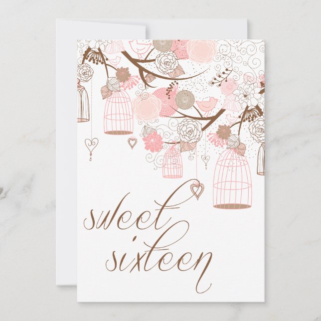 Invitación Flores rosas y jaulas dulces dieciséis invitacione (Anverso)