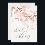 Invitación Flores rosas y jaulas dulces dieciséis invitacione<br><div class="desc">Flores rosas y jaulas dulces Dieciséis invitaciones de cumpleaños Un bonito ilustracion vintage de flores,  pájaros,  jaulas,  corazones y cuerdas de corazón.</div>