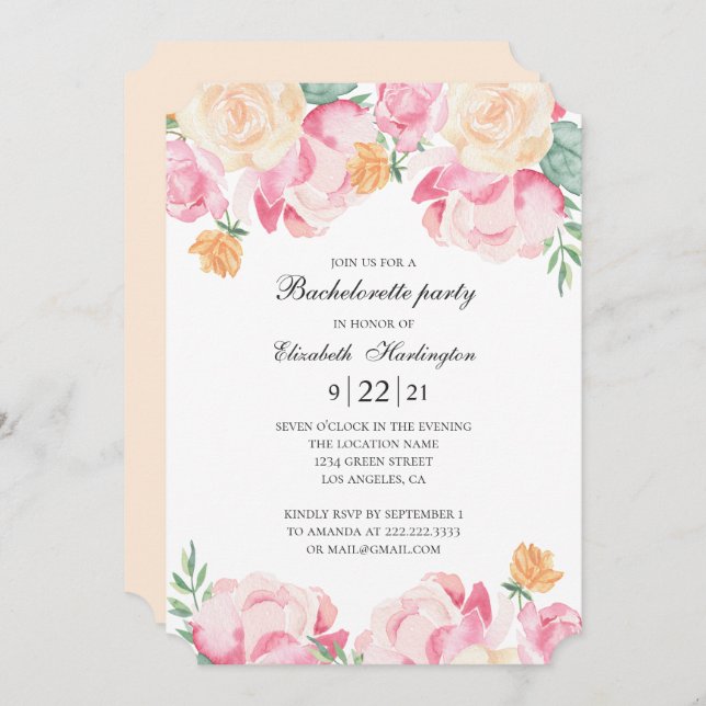 Invitación Flores rosas y melocotones. Fiesta de soltera flor (Anverso / Reverso)