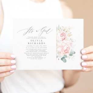 Invitación Flores rosas y oro dejan un elegante Baby Shower