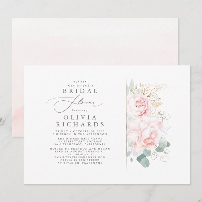 Invitación Flores rosas y oro dejan una elegante ducha de nov (Anverso / Reverso)