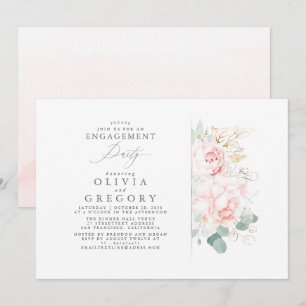 Invitación Flores rosas y oro dejan una elegante fiesta de co