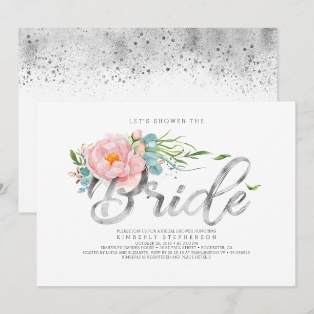 Invitación Flores rosas y Purpurina de Relieve metalizado pla (Anverso / Reverso)