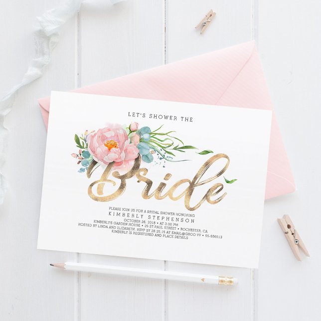 Invitación Flores rosas y Purpurina dorada ducha de novias mo (Subido por el creador)