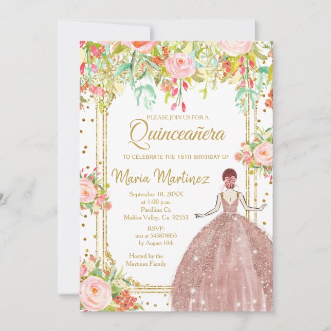 Invitación  Flores rosas y Purpurinas de oro Quinceanera  (Anverso)