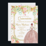 Invitación  Flores rosas y Purpurinas de oro Quinceanera<br><div class="desc">Flores rosas y Purpurinas de oro Invitación a cumpleaños QuinceaneraMis Quince Anos,  15º cumpleaños, </div>