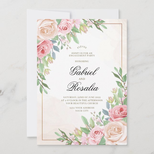 Invitación Flores rosas y vegetación Elegante Boda (Anverso)
