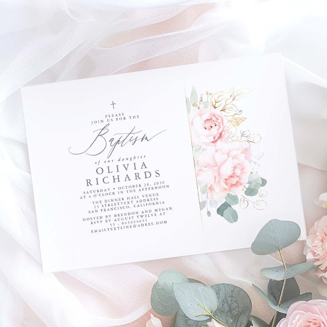 Invitación Flores rosas y verde dorado dejan el bautismo (Pink Floral Elegant Baptism Invitations)