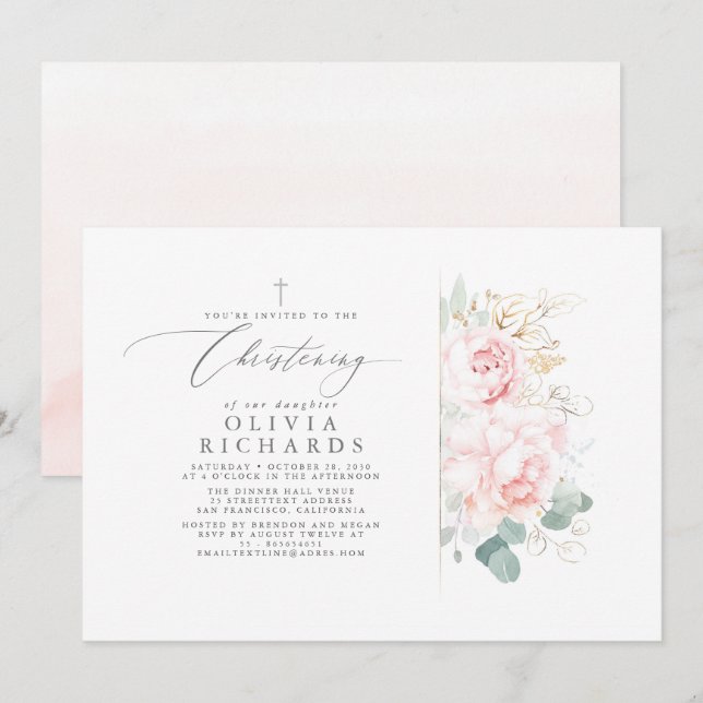 Invitación Flores rosas y verde dorado dejan la cristiandad (Anverso / Reverso)