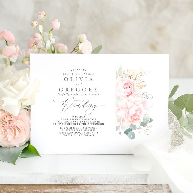 Invitación Flores rosas y verde oro Elegante boda (Pink Floral Wedding Invitation)