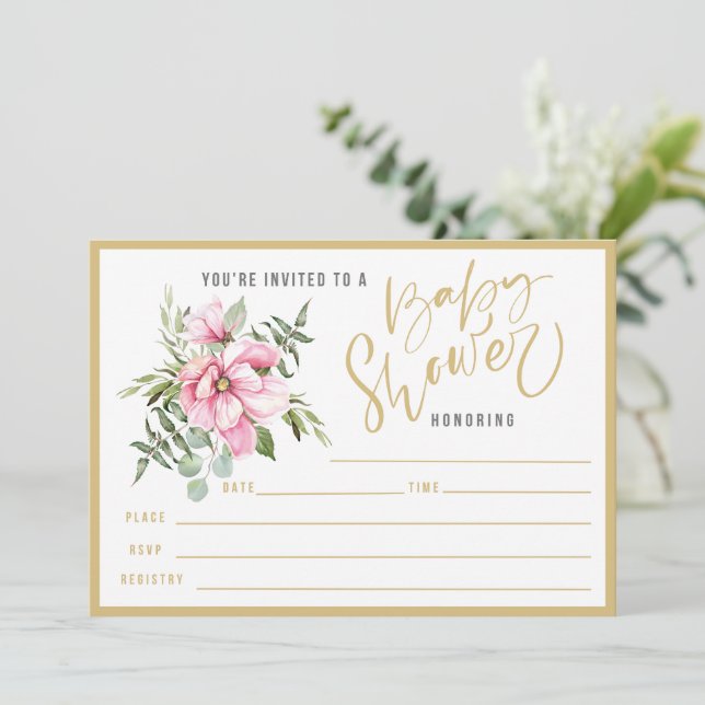 Invitación Flores rosas y verdor de Baby Shower relleno (Anverso de pie)