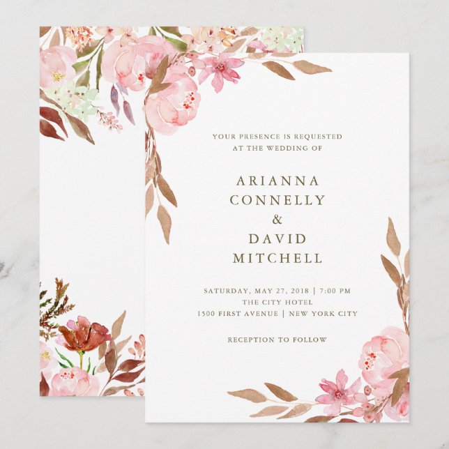 Invitación Flores Rubor| Boda floral acuarela (Anverso / Reverso)