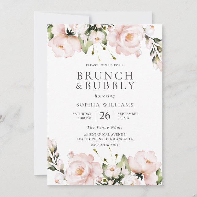 Invitación Flores Rubor Brunch & Bubbly Bridal Shower (Anverso)