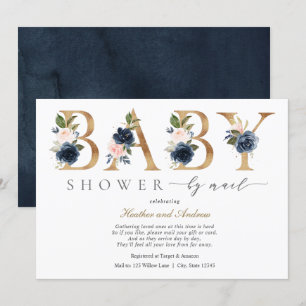 Invitación Flores Rubor de la marina y Baby Shower de oro por