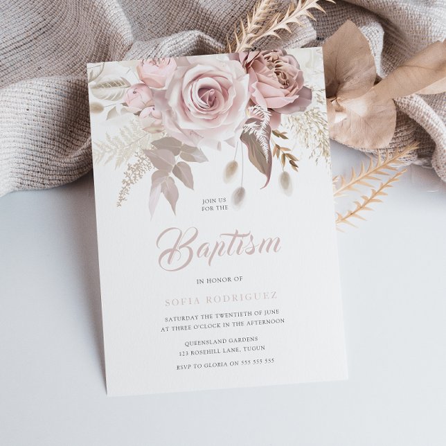 Invitación Flores Rubor de lujo bautismo elegante (Subido por el creador)