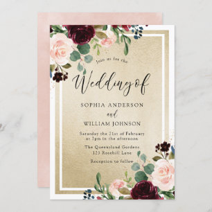 Invitación Flores Rubor de vino rojo y Boda de oro de Borgoña