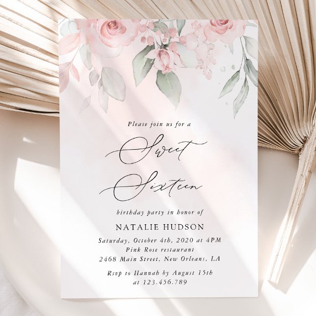 Invitación Flores Rubor, flores rosadas, boho, dulce 16 (Subido por el creador)