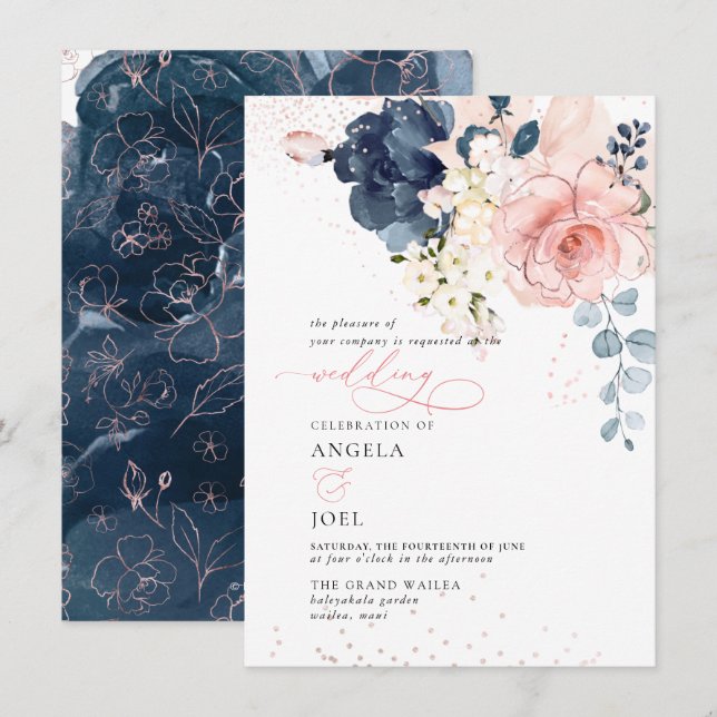 Invitación Flores Rubor H2 de la Marina Bubbly Brunch Inv (Anverso / Reverso)