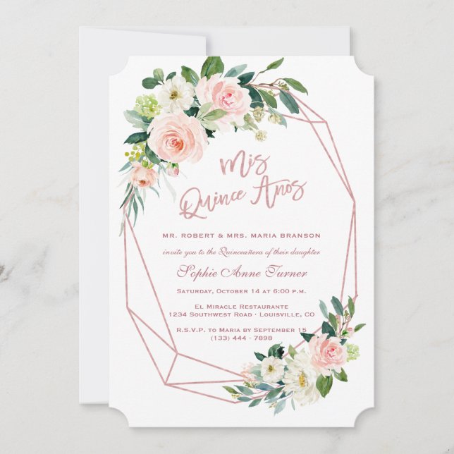Invitación Flores Rubor rosa de lujo Rosa Gold Quinceañera (Anverso)
