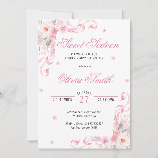 Invitación Flores Rubor rosadas de vaca dulce dieciséis cumpl (Anverso)