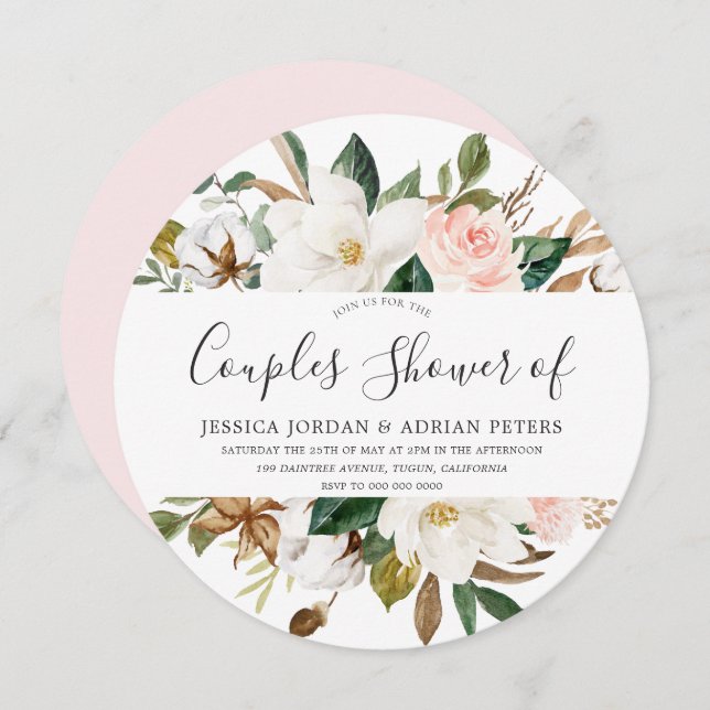 Invitación Flores Rubor & White Beautiful Ducha en las pareja (Anverso / Reverso)