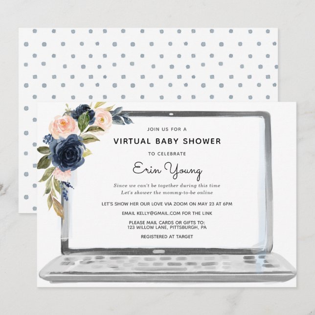 Invitación Flores Rubor y la Marina Virtual Baby Shower Lapto (Anverso / Reverso)