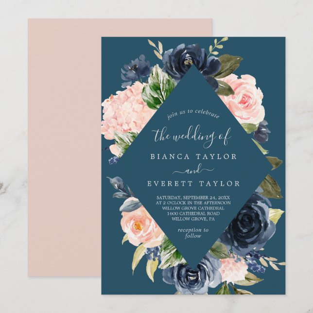 Invitación Flores Rubor y Marina | Boda de diamantes azules (Anverso / Reverso)