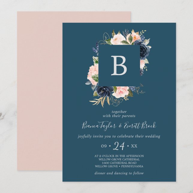 Invitación Flores Rubor y Marina | Boda de monograma azul (Anverso / Reverso)