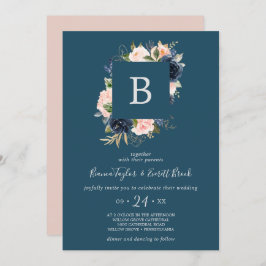 Invitación Flores Rubor y Marina | Boda de monograma azul