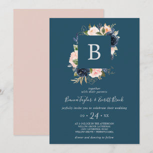 Invitación Flores Rubor y Marina   Boda de monograma azul