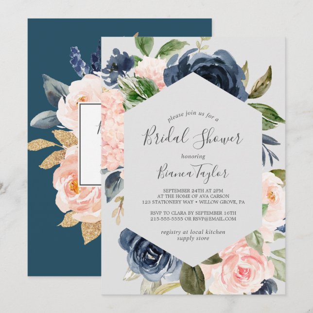 Invitación Flores Rubor y Marina | Ducha de novia gris claro (Anverso / Reverso)