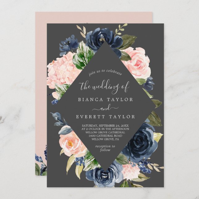 Invitación Flores Rubor y Marina | Gris Todo En Un Boda (Anverso / Reverso)