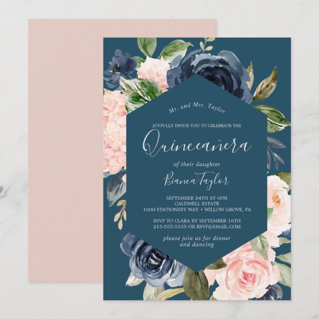 Invitación Flores Rubor y Marina | Quinceañera azul (Anverso / Reverso)