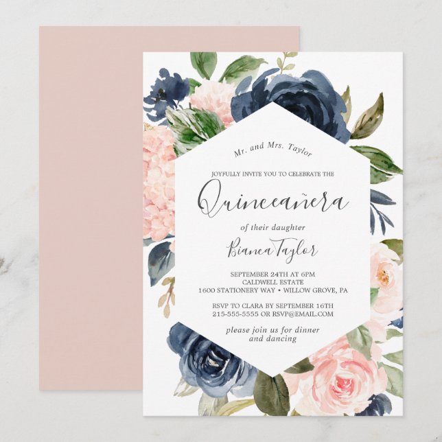 Invitación Flores Rubor y Marina | Quinceañera blanca (Anverso / Reverso)