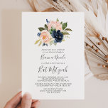 Invitación Flores Rubor y Marina | White Bat Mitzvah<br><div class="desc">Esta invitación a Bat Mitzvah con flores de color blanco y azul marino es perfecta para un mitzvah de murciélago floral. El diseño es clásico y elegante y cuenta con un acuarela de color azul marino moderno y flores rosas de color rosa.</div>