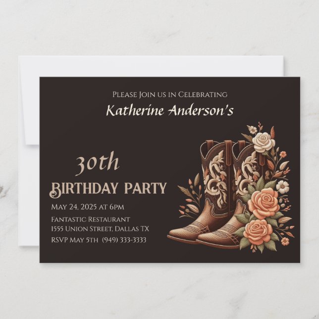 Invitación Flores rurales occidentales con boots de vaquero (Anverso)