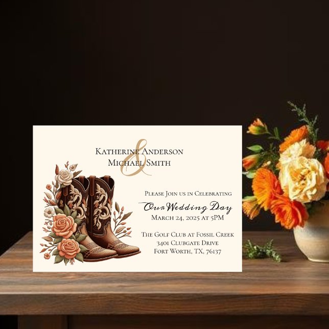 Invitación Flores rurales occidentales con boots de vaquero (Country Western Flowers with Cowboy Boots Invitation)