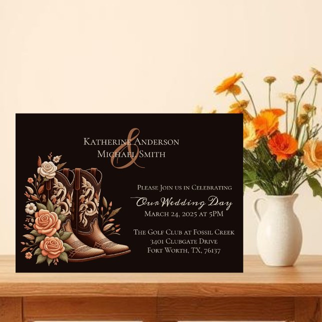 Invitación Flores rurales occidentales con boots de vaquero (Modern Elegant Country Western-Cowboy Boots with Flowers Invitation)