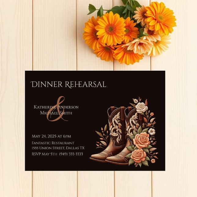 Invitación Flores rurales occidentales con boots de vaquero (Country Western-Flowers with Cowboy Boots-Wedding Dinner Rehearsal Dark Invitation)