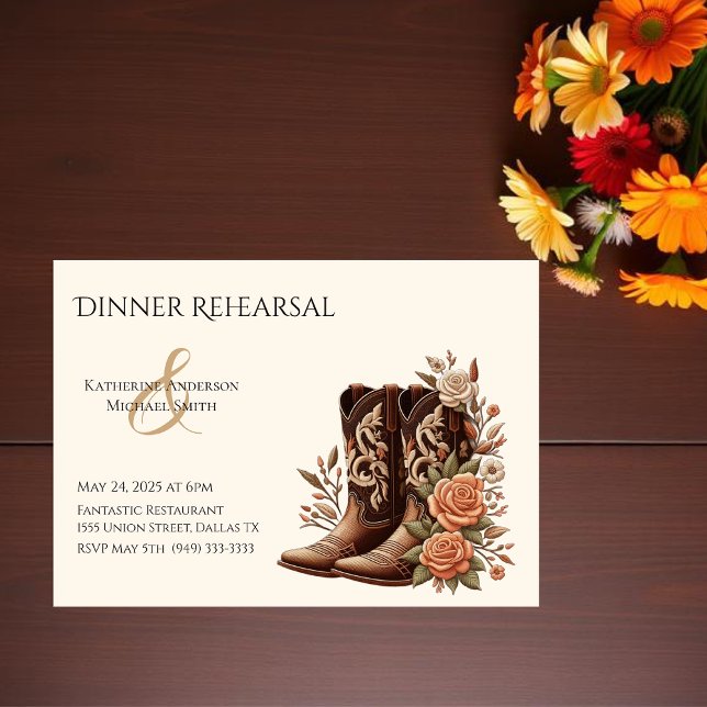Invitación Flores rurales occidentales con boots de vaquero (Country Western-Flowers with Cowboy Boots-Wedding Dinner Rehearsal)