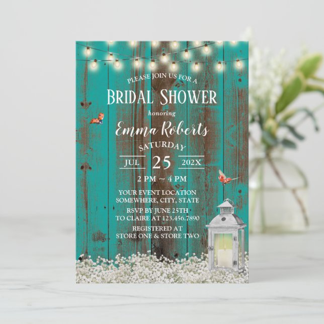 Invitación Flores rusas y ducha de novia de madera Verde azul (Anverso de pie)